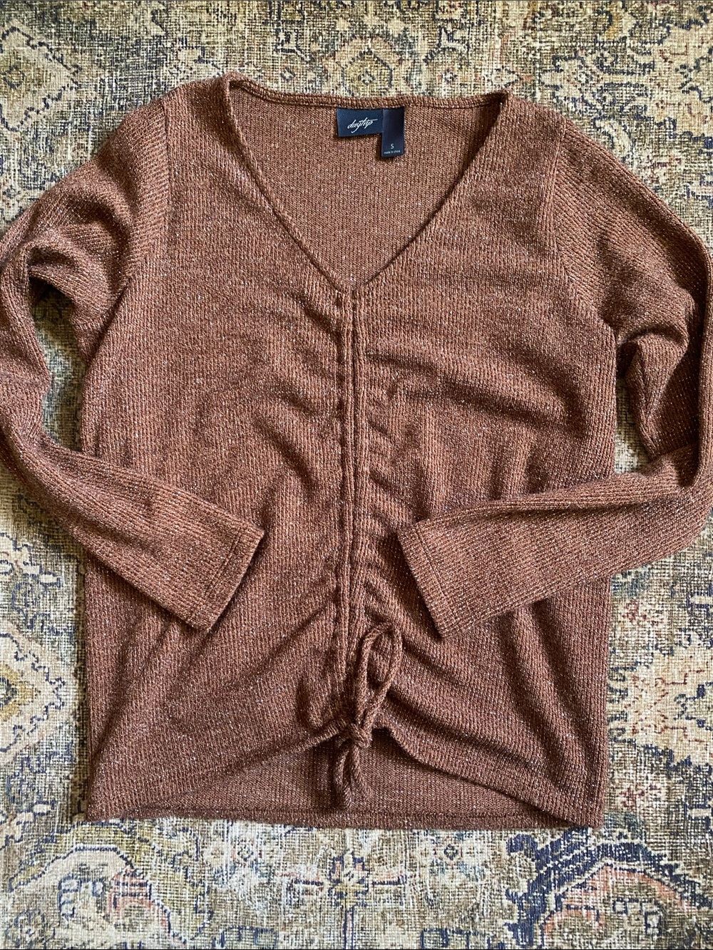 DAYTRIP Lush Brown sparkle Ruched V-Neck Sweater